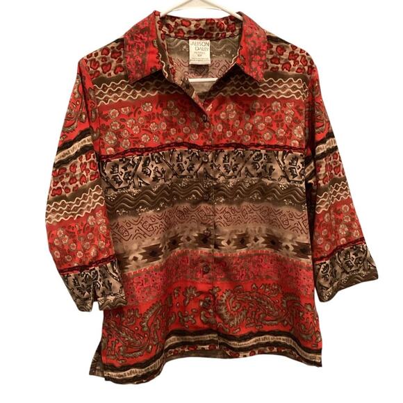 Allison Daley Womens Button Up Shirt Size 10P 10 Red Aztec Boho Southwest Office - Picture 1 of 8